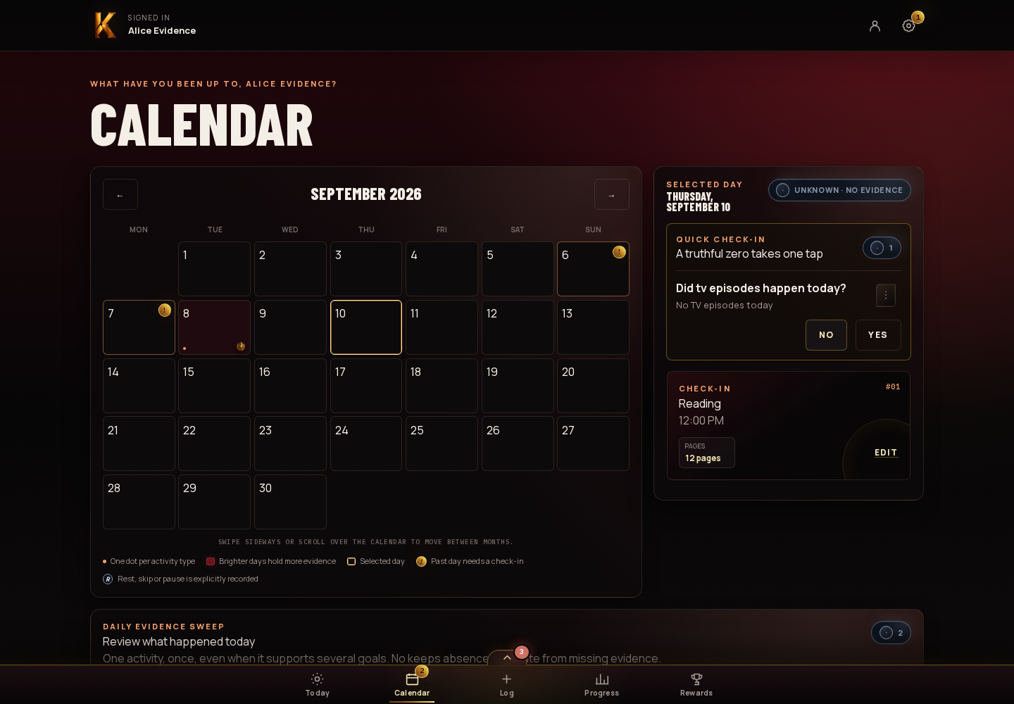 Calendar and weekly receipt screen in KYSTA with example data