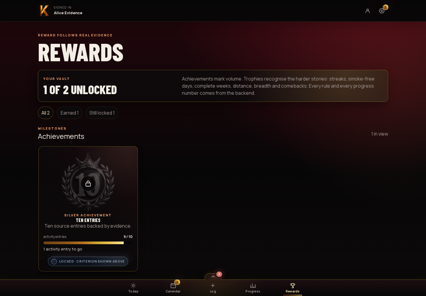 Earned rewards screen in KYSTA with example data
