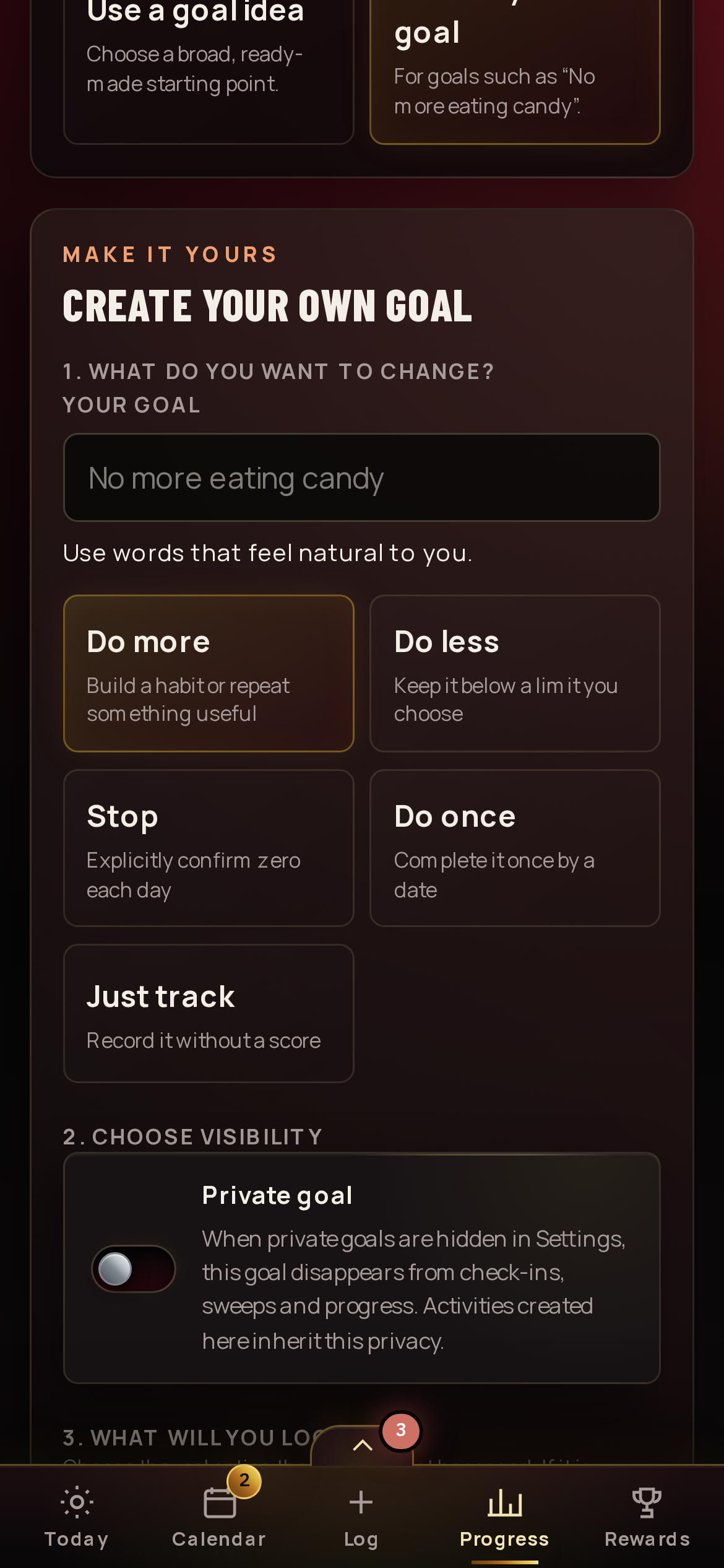 KYSTA goal editor with build, reduce, stop and tracking choices