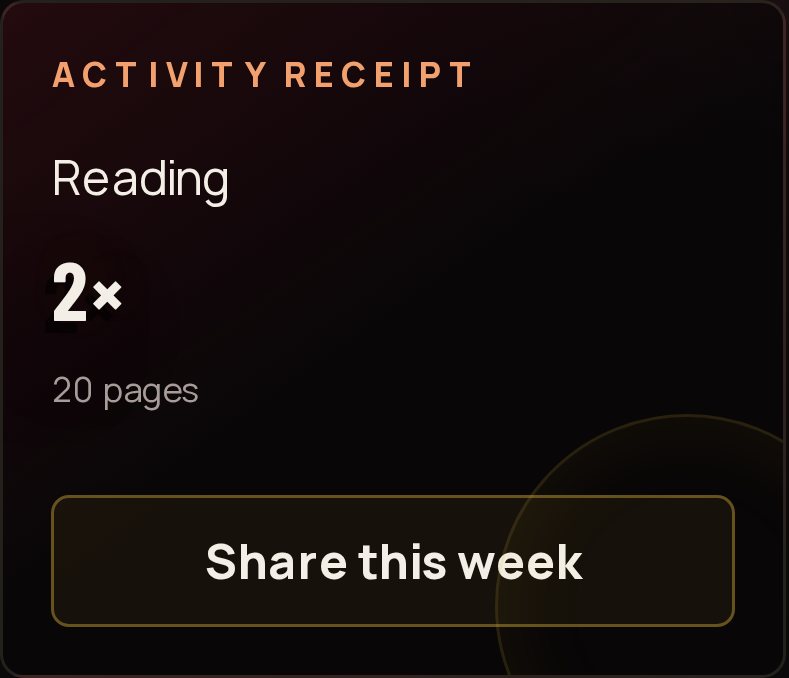 Example weekly reading receipt showing two entries and 20 pages